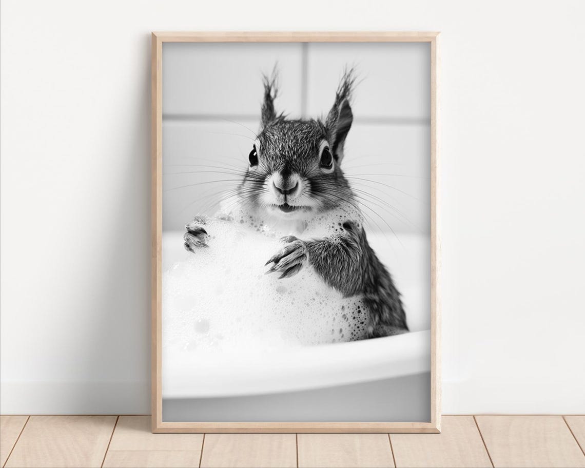 Squirrel Bubble Bath Framed Black And White Bathroom Humor Poster