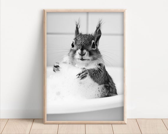 Squirrel In The Bathtub Funny Bathroom Wall Art Cute Squirrel Taking Bubble Bath Vintage Style Retro Animal Photo Print Ai Art