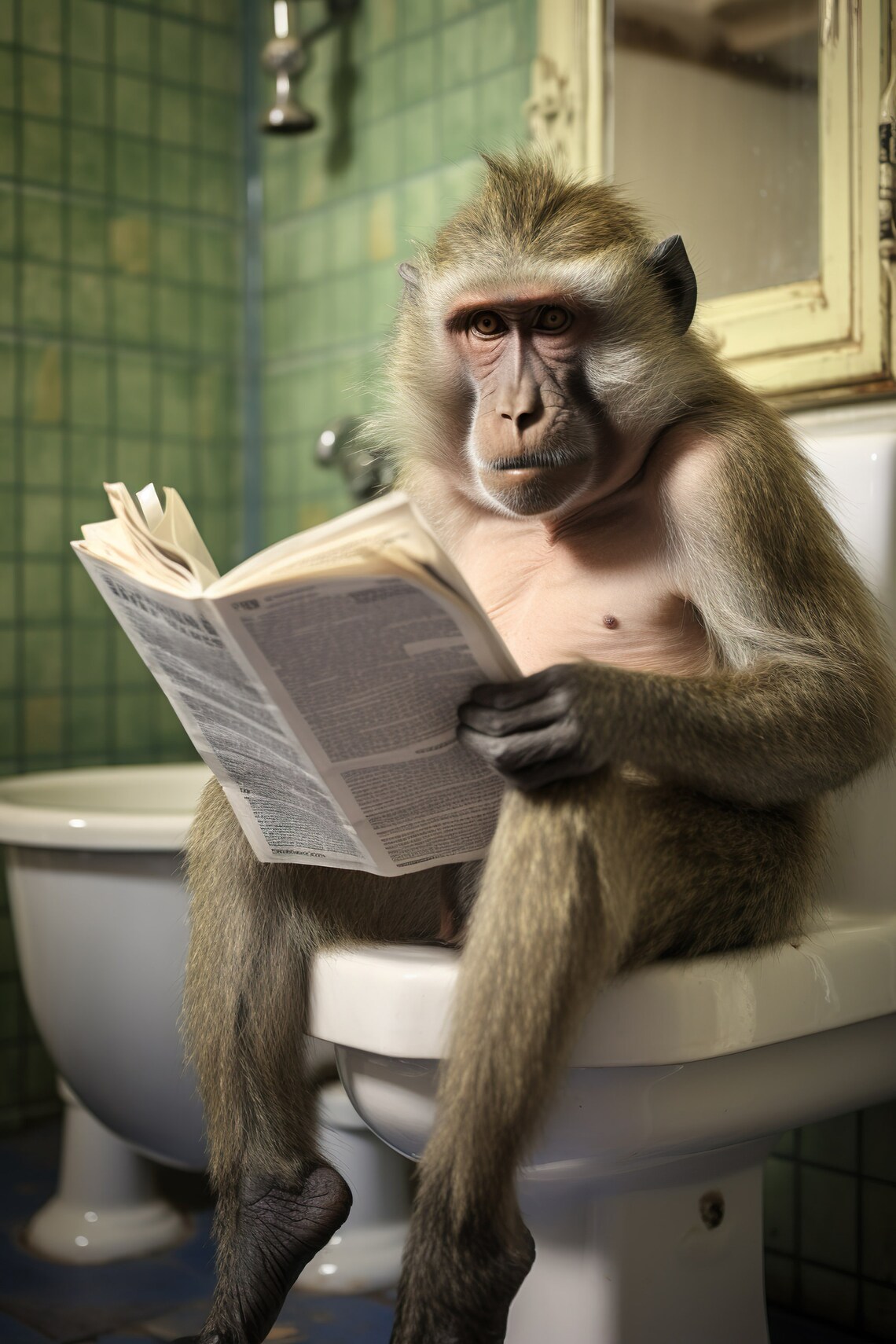 Baboon Ape Sitting On The Toilet, Funny Bathroom Art Print