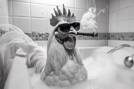 Cool Chicken In Bathtub Smoking A Cigar Funny Bathroom Wall Art Vintage Style Animal Photography Chicken Taking A Bath Ai Art