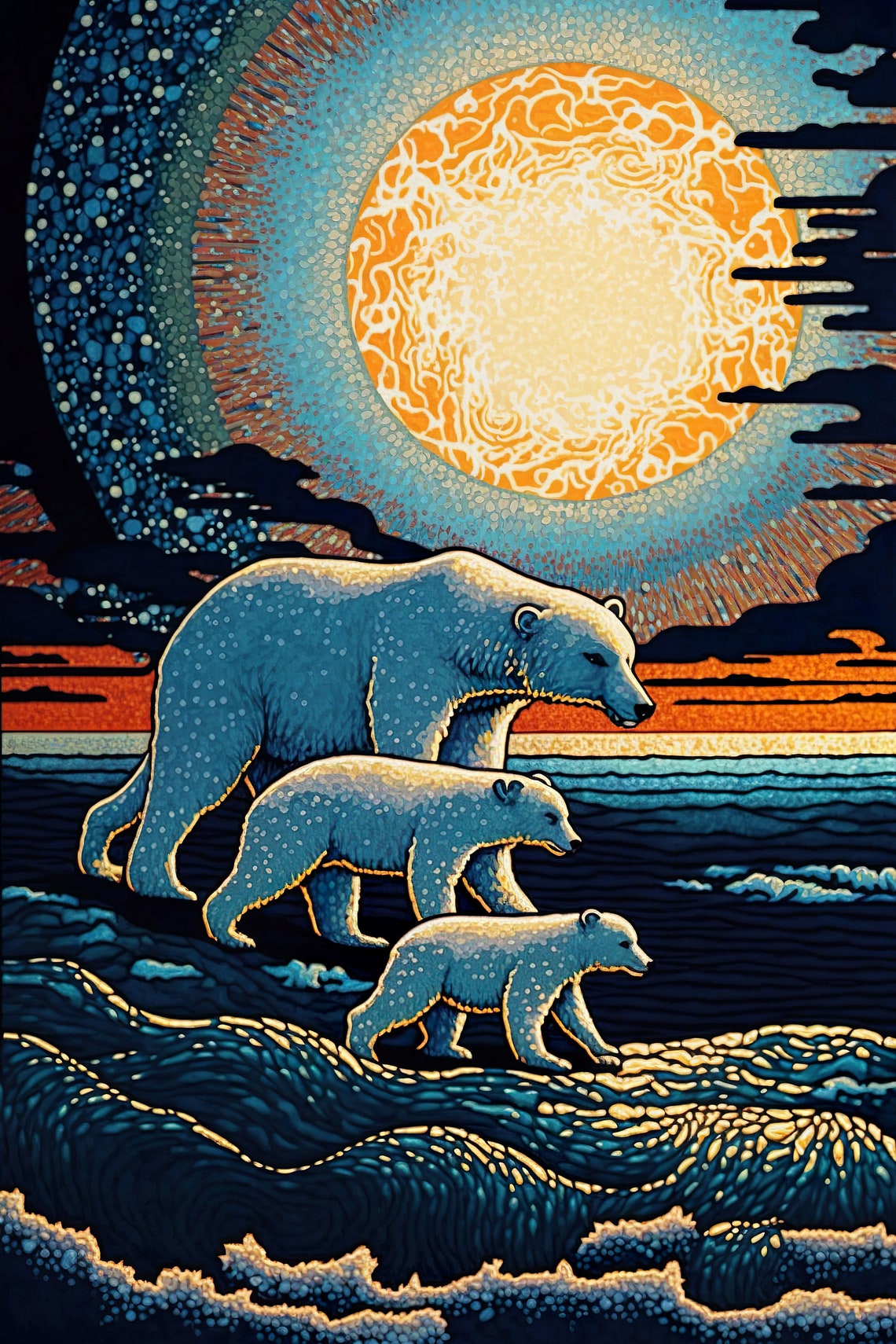 Polar Bear Mama And 2 Baby Cubs Pointillism Animal Art Arctic Landscape Polar Bear Print Beautiful Home Decor Ai Created