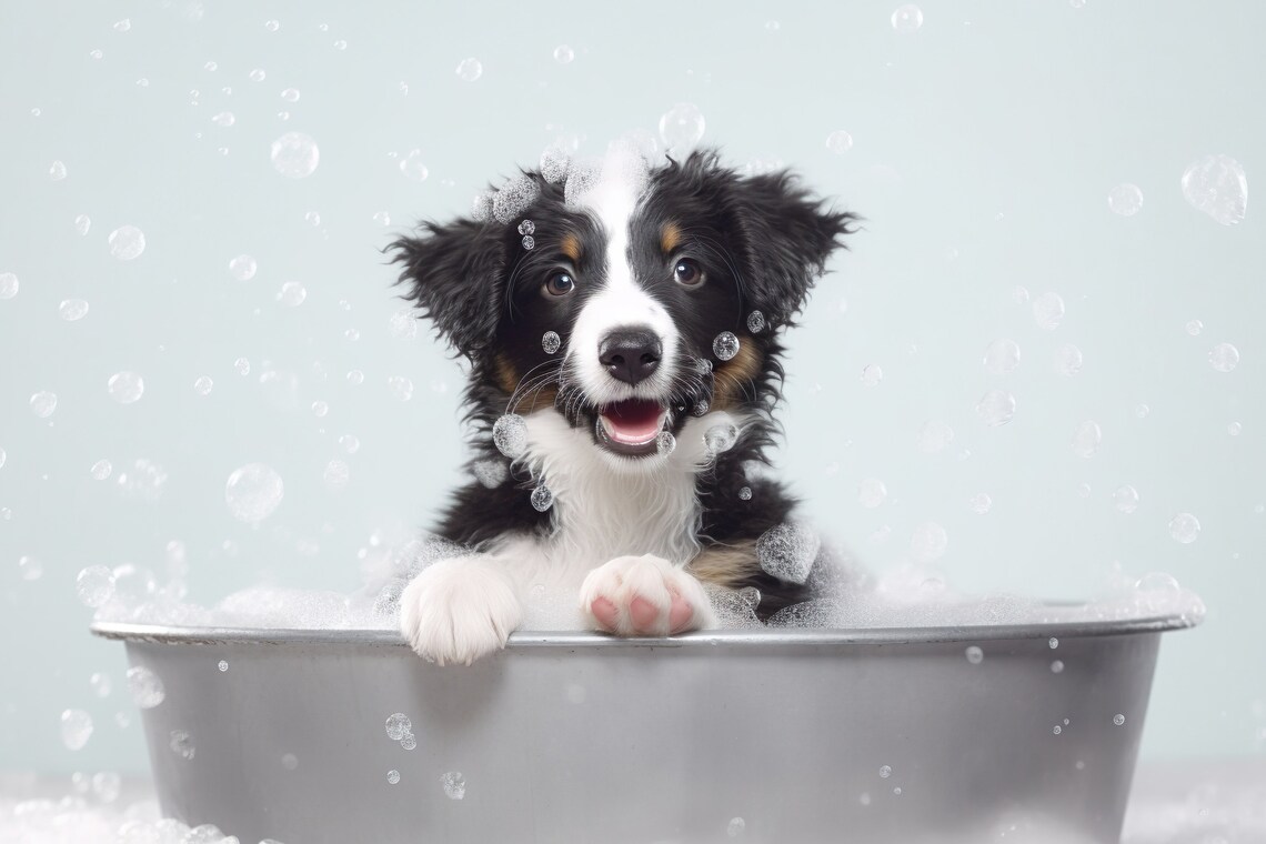 Collie Pup in the Bathtub, Funny Bathroom Art Print