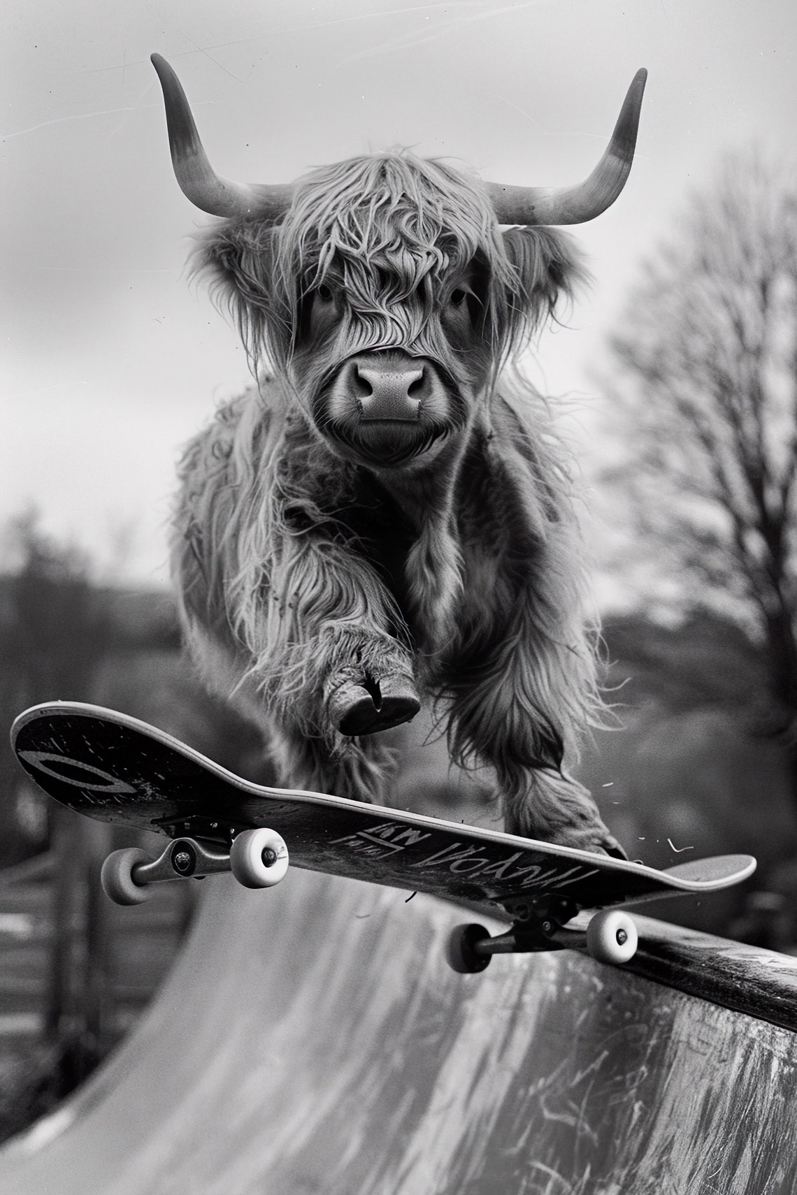 Funny Highland Cow Rail Grind Skateboard Black And White Photo Print