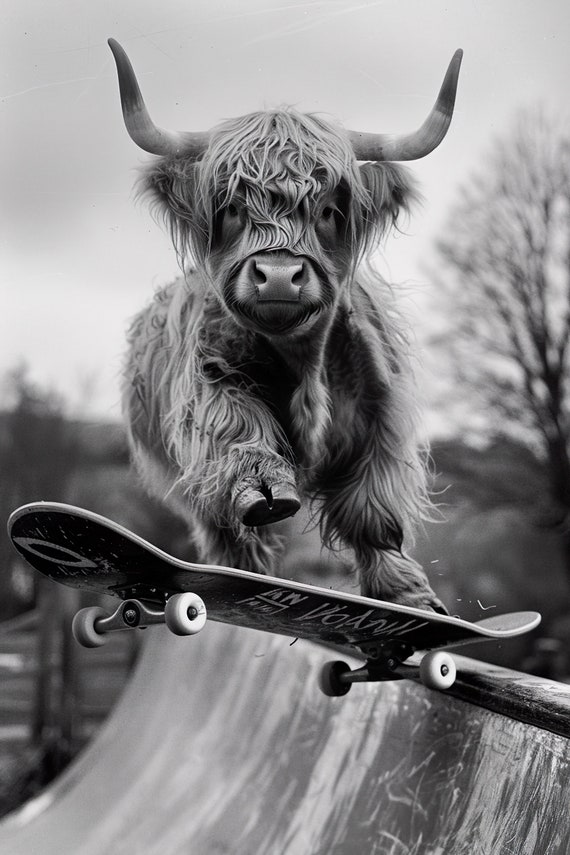 Highland Cow Skateboarding Funny Animal Wall Art Cow On Skateboard Funny Cow Photo Print Animal Photography Home Ai Art