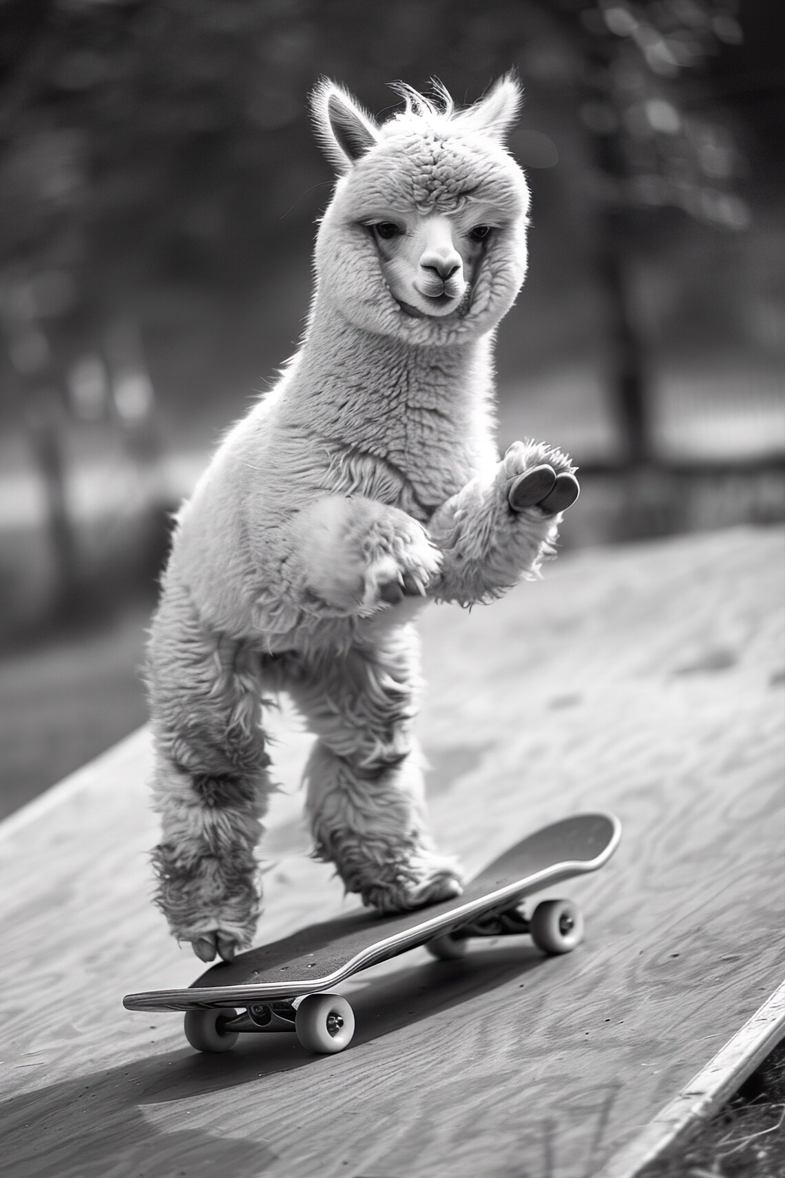 Funny Baby Alpaca Dancing On Skateboard Black And White Photo Print