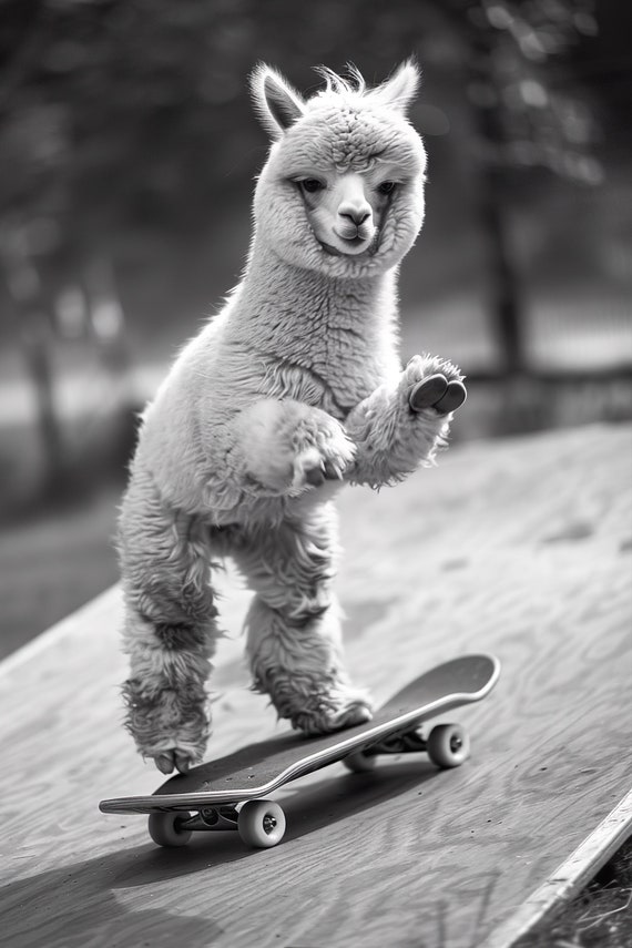Alpaca Skateboarding Funny Animal Wall Art Alpaca On Skateboard Funny Vintage Alpaca Photo Black White Photography Ai Art