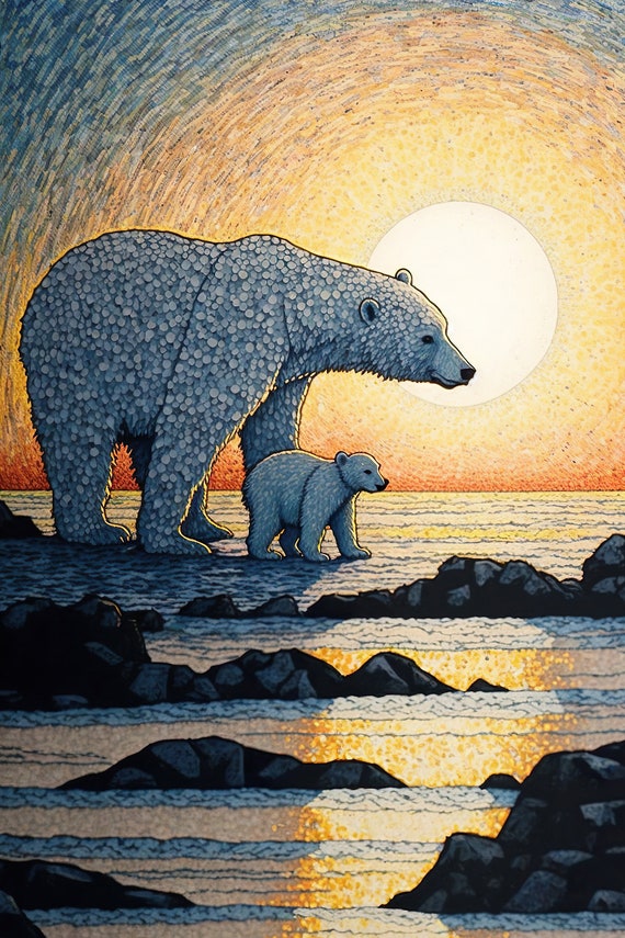 Polar Bear Mama And Baby Cub Pointillism Animal Art Arctic Landscape Polar Bear Print Beautiful Home Wall Decor Ai Created