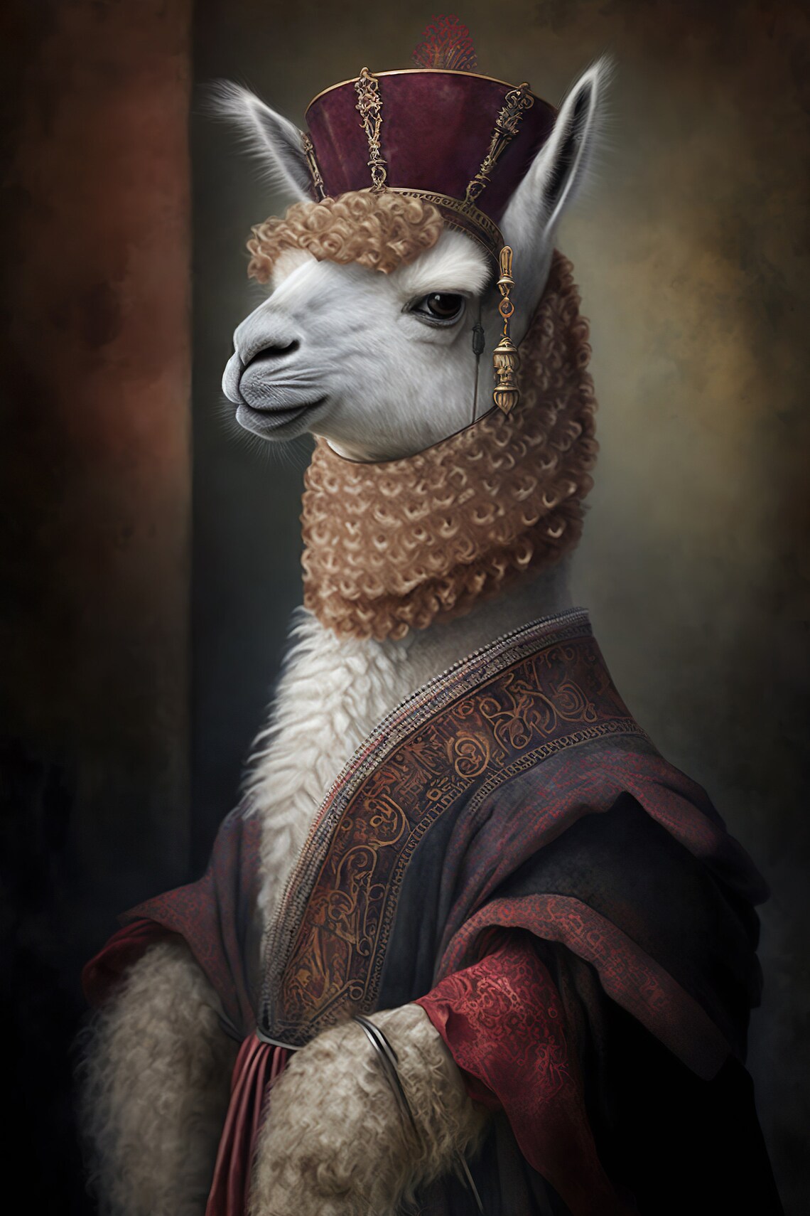 Aristocratic Alpaca Renaissance Portrait, Funny Animal Art