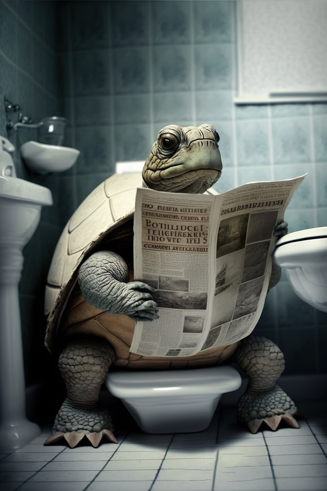 Tortoise Reading Newspaper Bathroom Humor Art Print