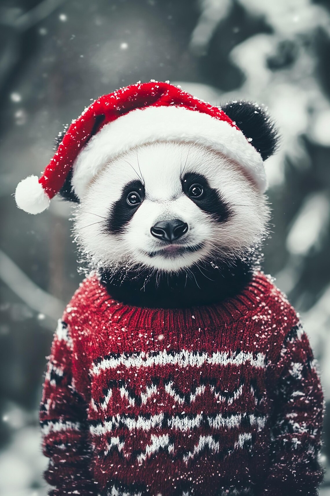 Baby Panda in Santa Hat and Red Sweater Snowy Christmas Winter Animal Poster - Image 2