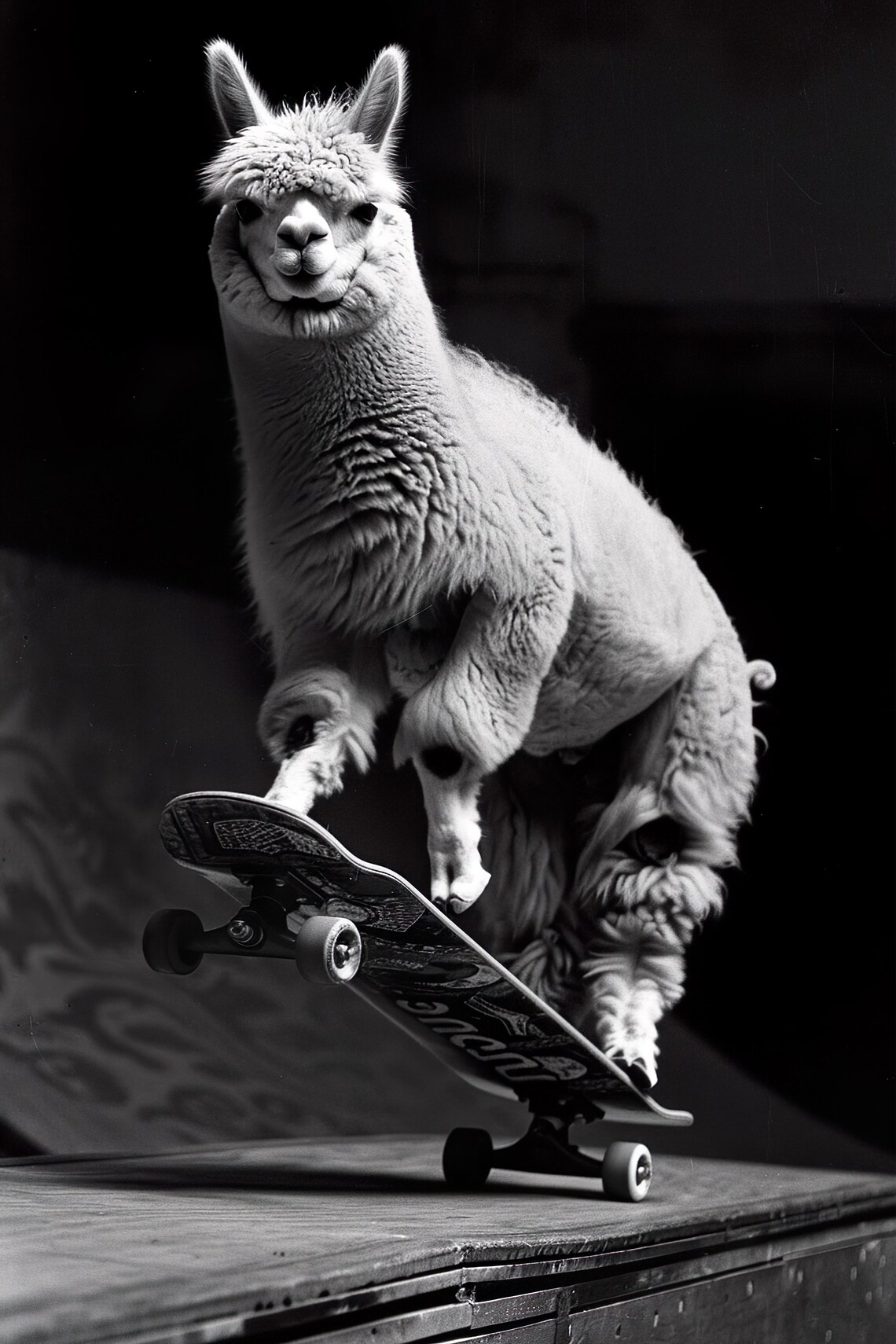Alpaca Skateboard Trick Funny Black And White Animal Wall Art