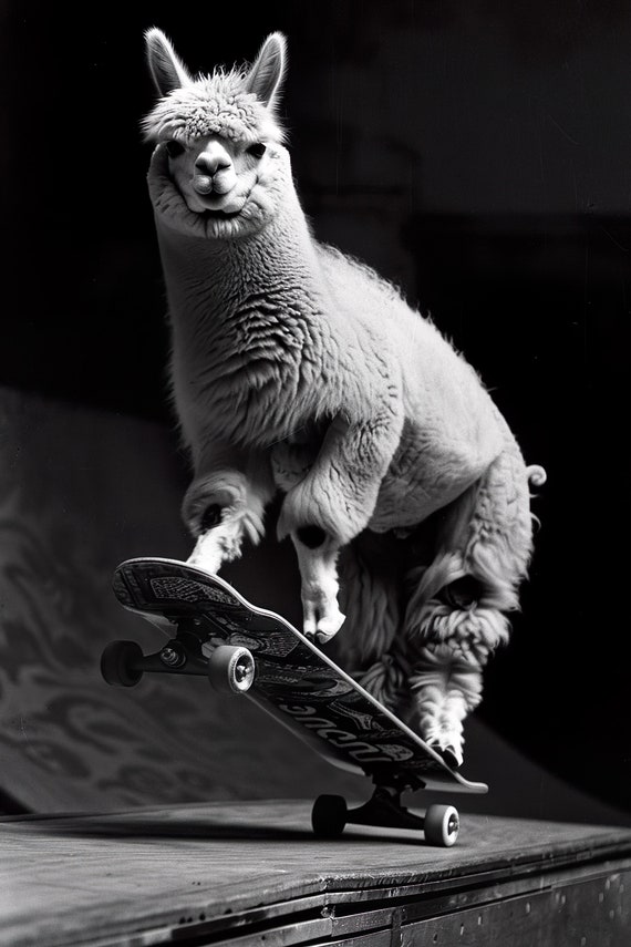 Alpaca Skateboarding Funny Animal Wall Art Alpaca On Skateboard Funny Vintage Alpaca Photo Black White Photography Ai Art