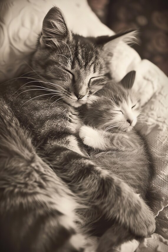Mama Cat and Kitten Sleeping Cozy Sepia Tone Poster for Nursery Decor