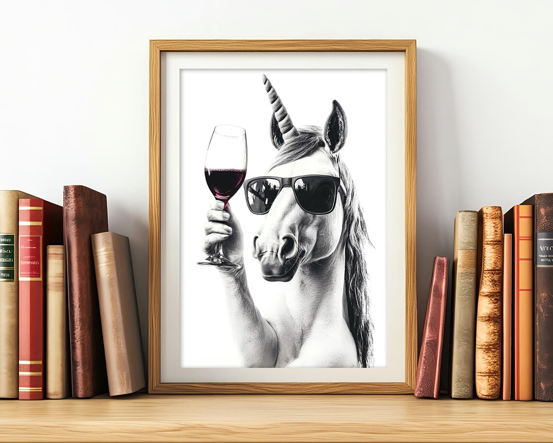 Unicorn With Sunglasses Holding Red Wine Glass Funny Animal Poster - Image 3