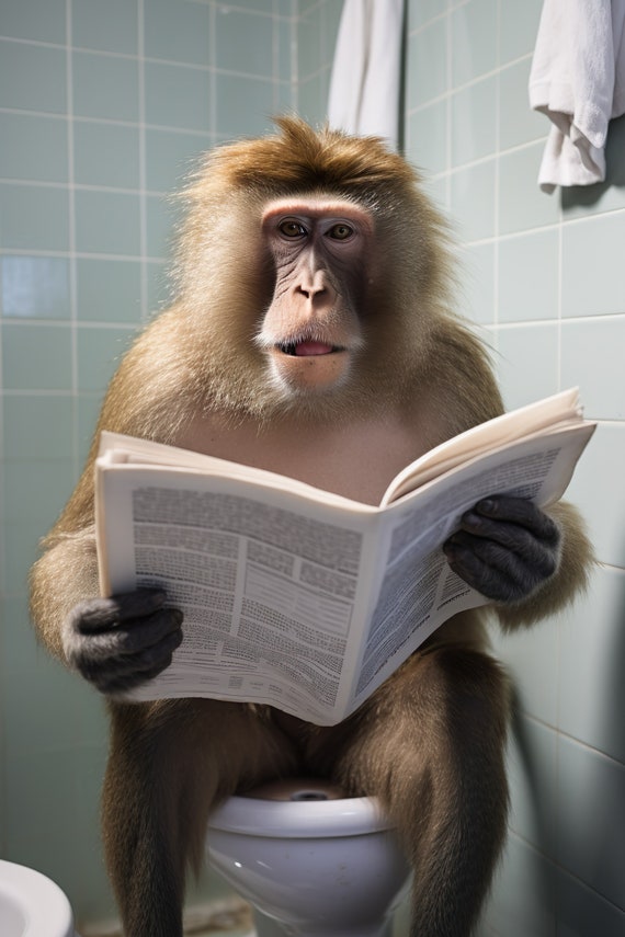Baboon Ape Sitting On The Toilet Reading A Newspaper Funny Bathroom Wall Art Funny Monkey Print Funny Animal Photo Ai Art