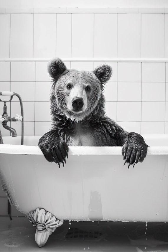 Bear In The Bathtub Funny Animal Photograph Bear Taking A Bubble Bath Ai Animal Print Funny Bathroom Wall Art Home