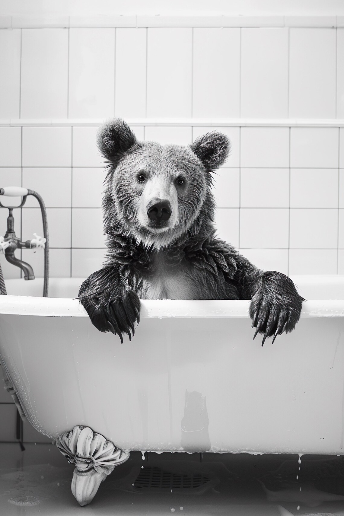 Bear Soaking In Clawfoot Tub Black And White Bathroom Humor Poster