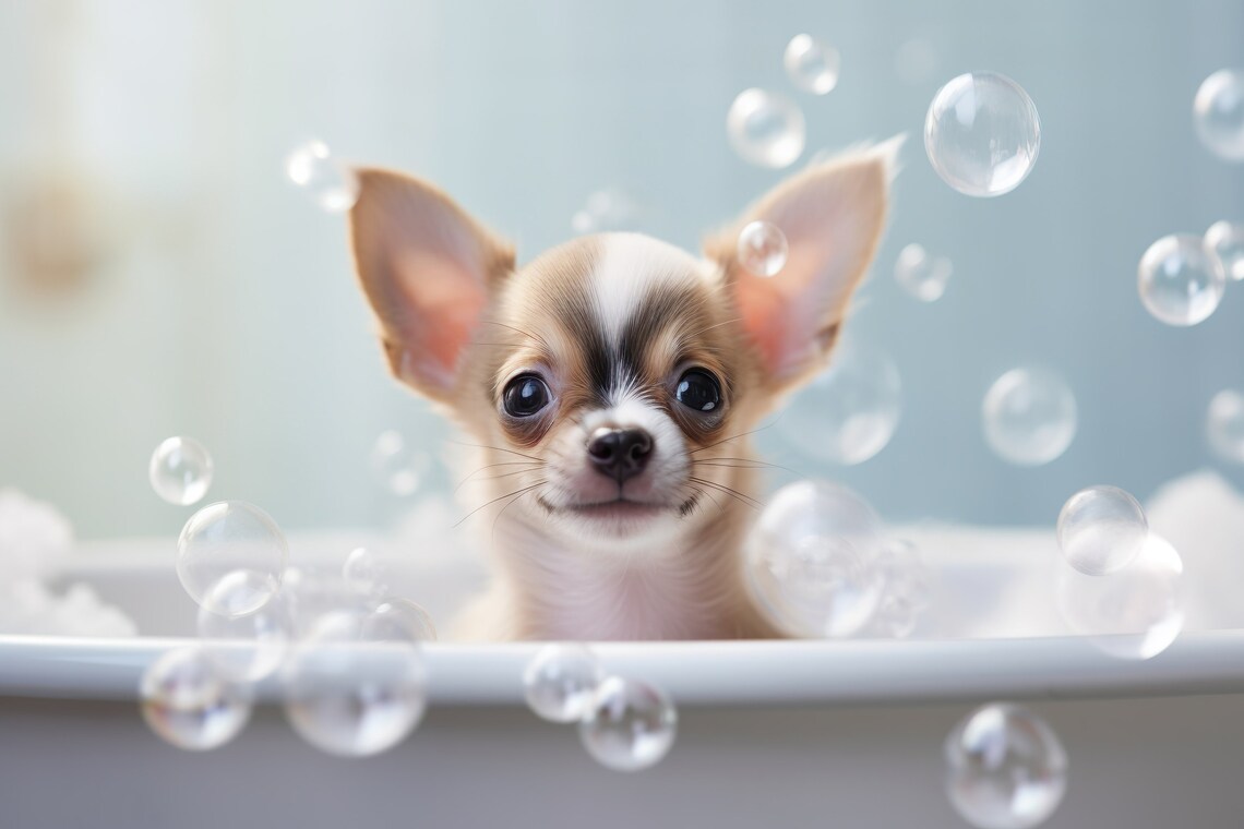 Chihuahua Pup In Bubble Bath Funny Poster
