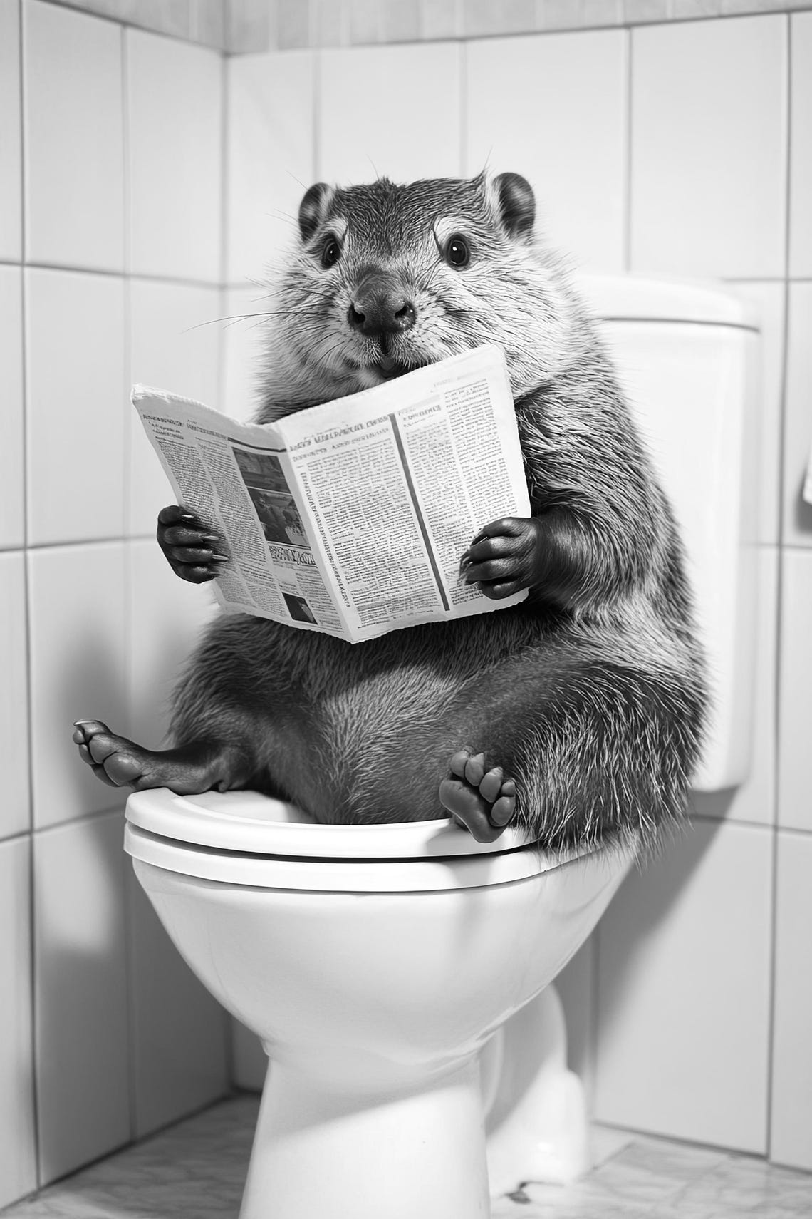 Beaver Reading Newspaper on Toilet Black White Bathroom Poster