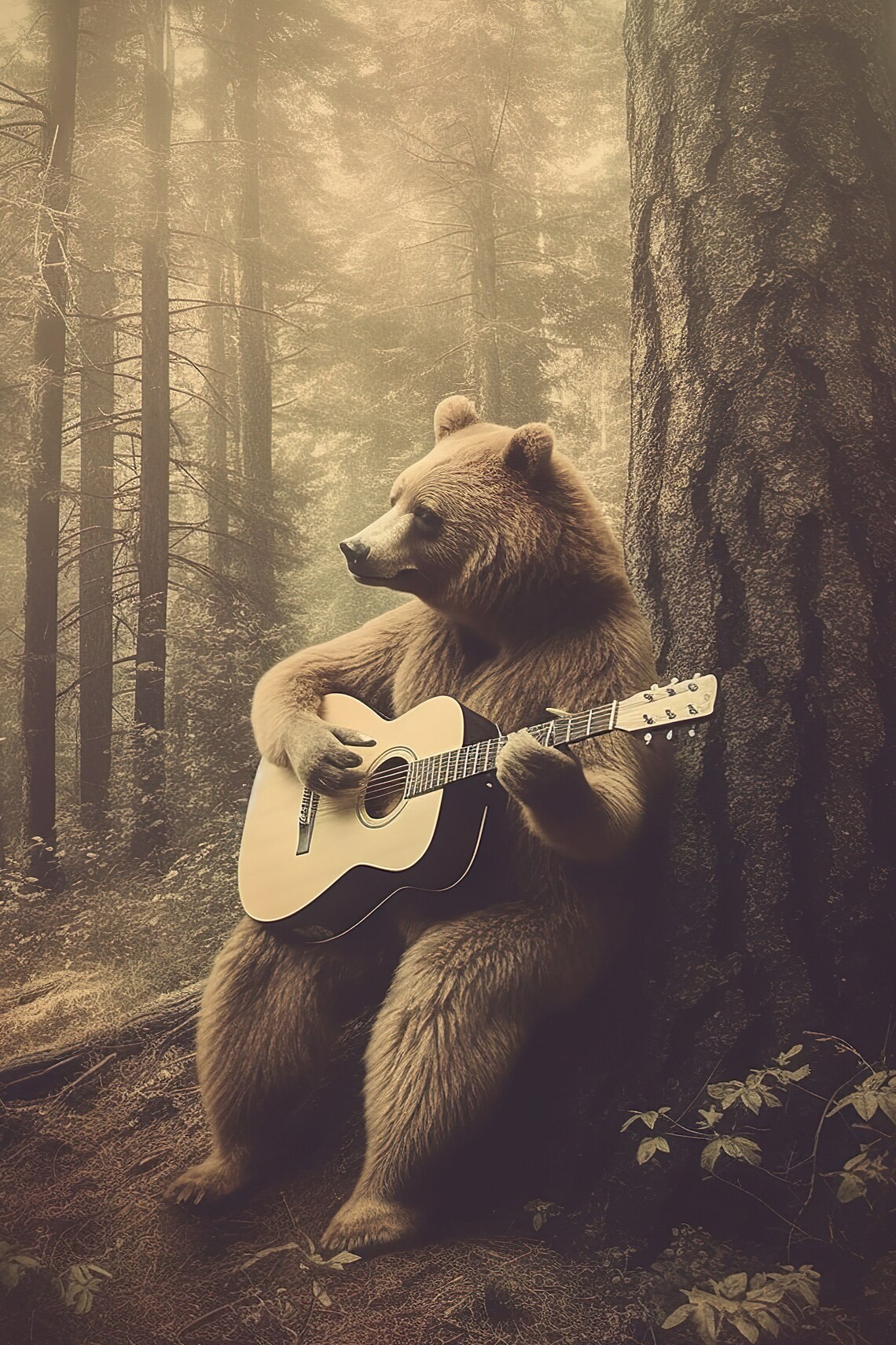 Bear Playing Guitar Funny Vintage Animal Print
