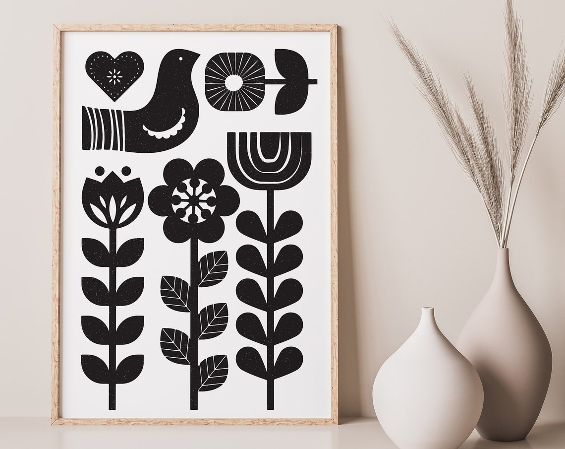 Black Scandinavian Folk Art Bird Heart Flowers White Modern Poster