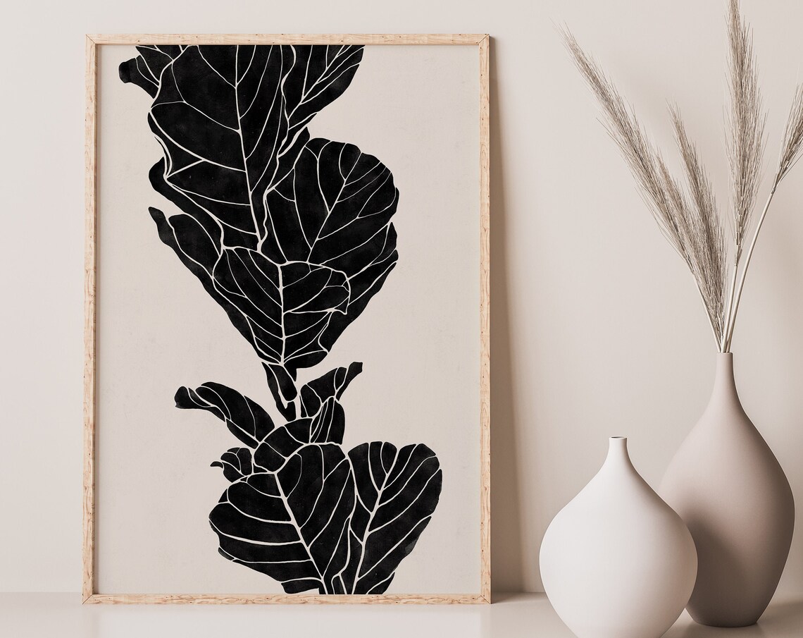 Leaves Drawing Beige Black Botanical Art Print