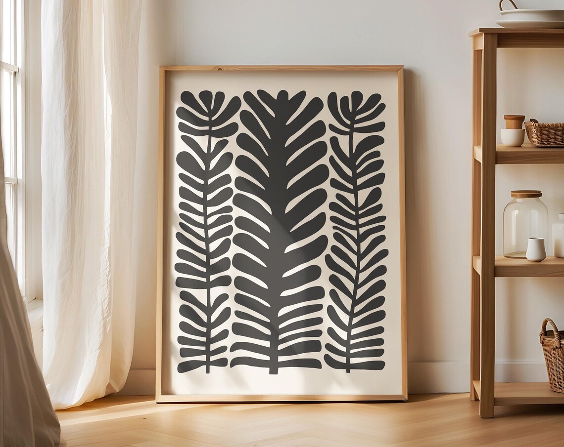 Black Fern Fronds Trio Cream Background Mid Century Botanical Poster