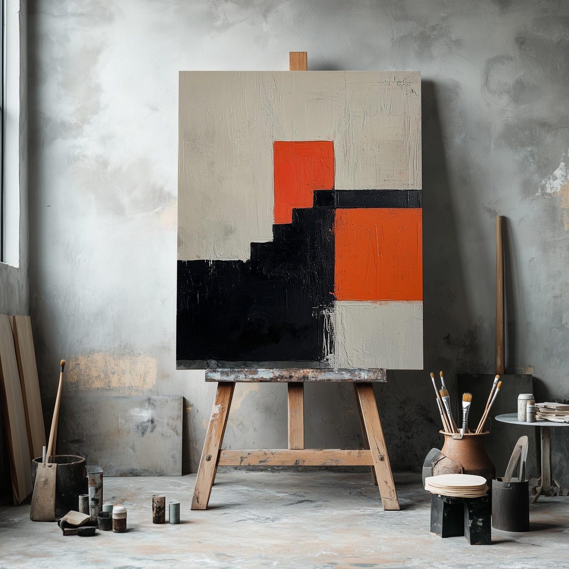 Modern Abstract Geometric Wall Art Red Minimalist Large Decor Contemporary Neutral Beige Vibrant Brush Strokes Painting For Living Room - Image 2
