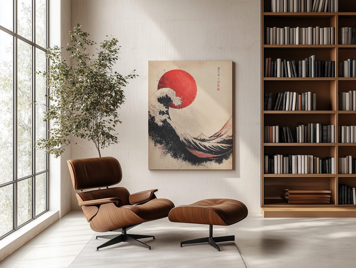 Great Wave Style Japanese Ink Art With Red Sun Japandi Wall Art - Image 3