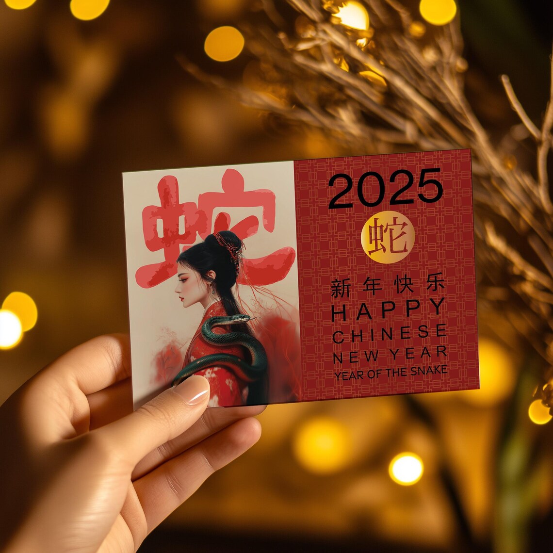 Year Of The Snake 2025 Happy Chinese New Year Red Greeting Card Poster