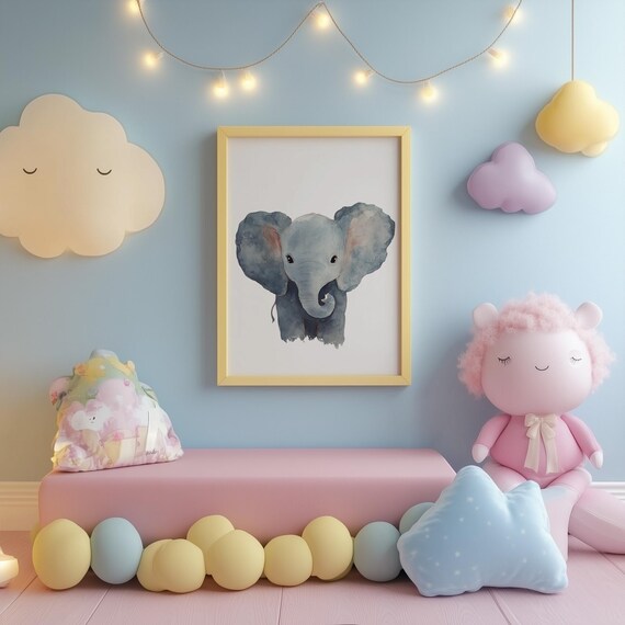 Cute Baby Elephant Watercolor Portrait Soft Gray Nursery Wall Art