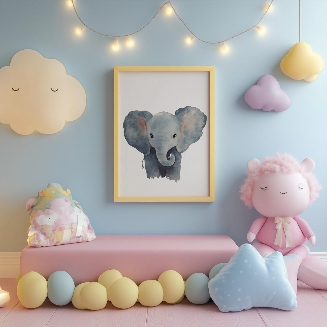 Cute Baby Elephant Watercolor Portrait Soft Gray Nursery Wall Art