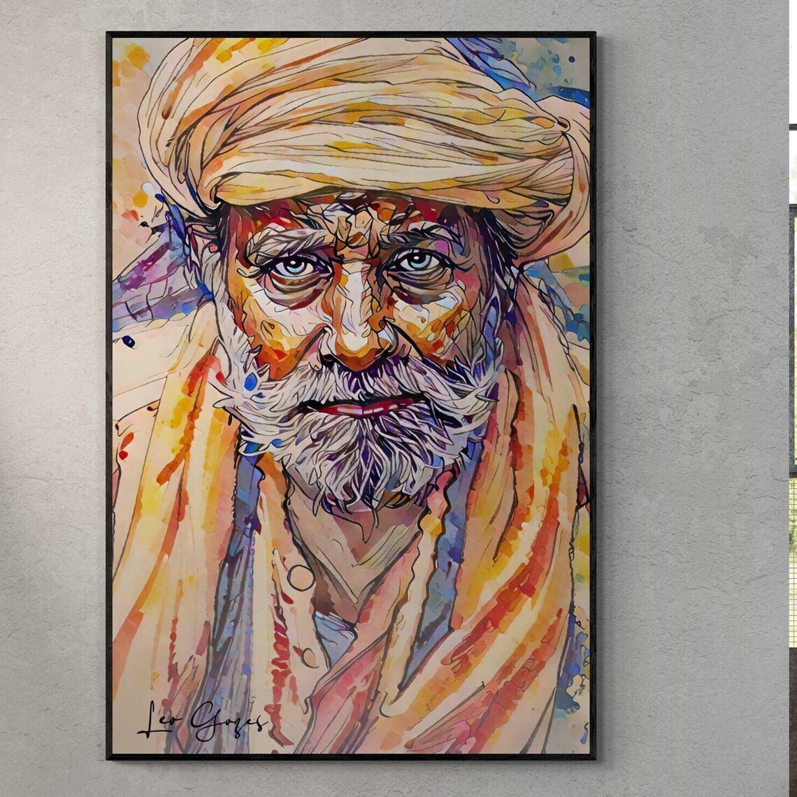 Elderly Turbaned Man White Beard Vivid Watercolor Portrait Poster