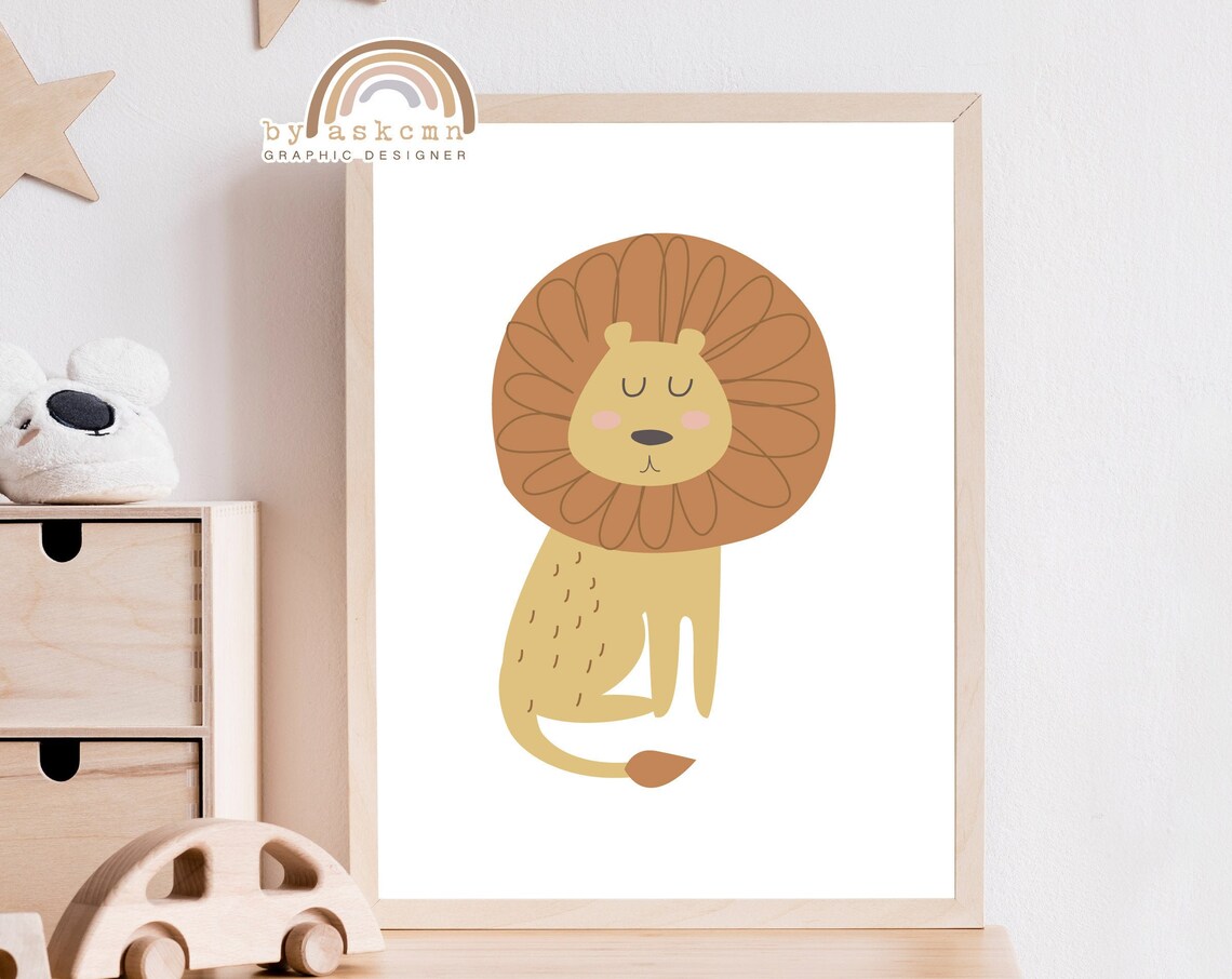 Sleepy Cartoon Lion Big Round Mane Cute Nursery Kids Room Wall Decor Poster