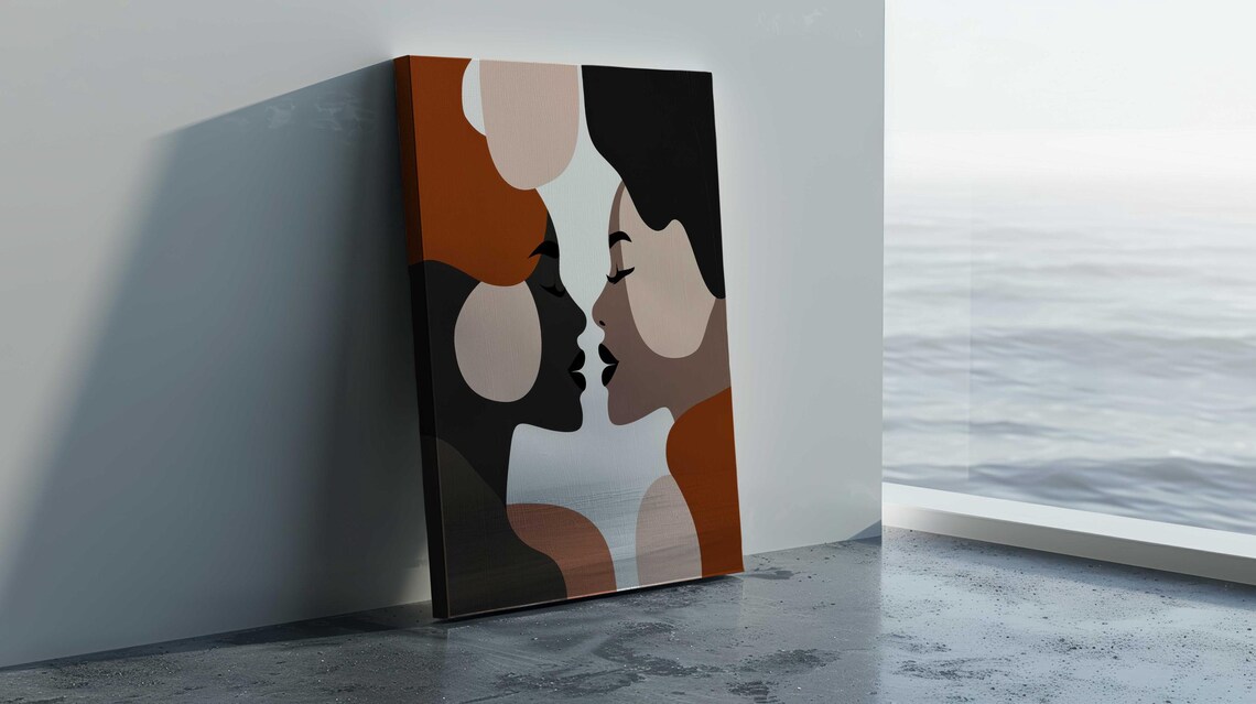 Abstract Modern Couple Faces Kissing Terracotta Canvas Print