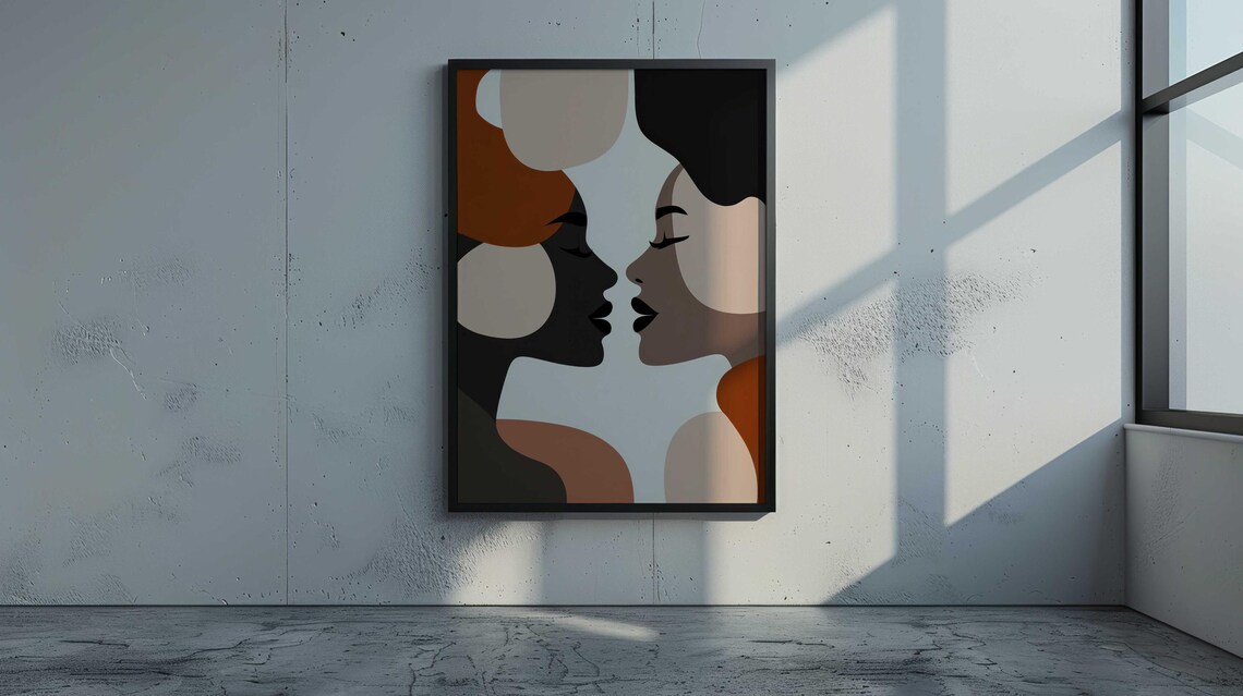 Abstract Modern Couple Faces Kissing Terracotta Canvas Print - Image 3