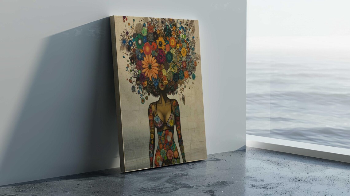 Woman Flower Afro Colorful Floral Mosaic Dress Celebration Wall Art - Image 2