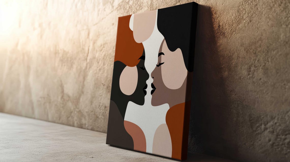 Abstract Modern Couple Faces Kissing Terracotta Canvas Print - Image 2