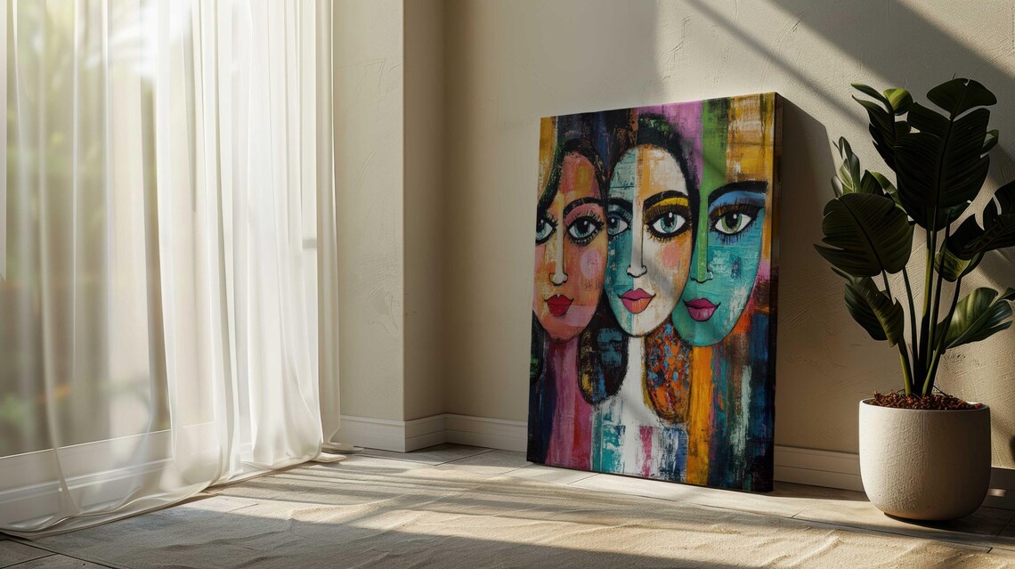 Vibrant Three Colorful Abstract Female Faces Pop Art Style Wall Art - Image 2
