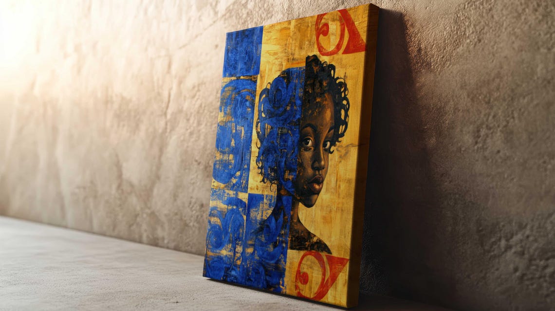 Abstract Black Girl Portrait Blue Gold Blocks Red Accent Art Poster - Image 3