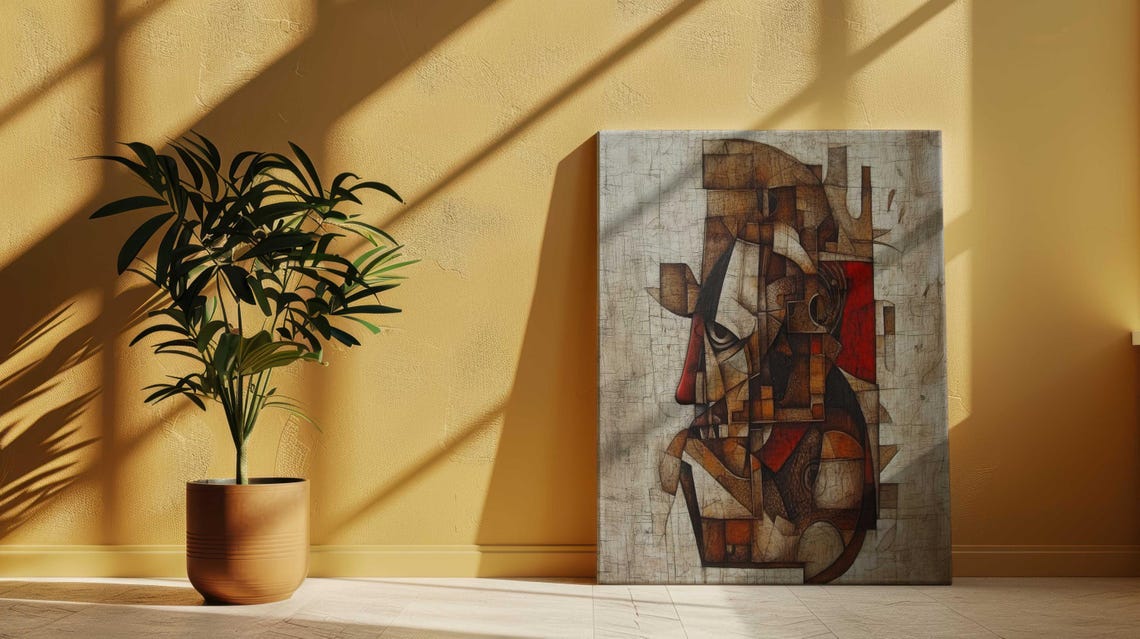 Cubist Abstract Face Portrait Earthy Brown Red Modern Art Poster - Image 4