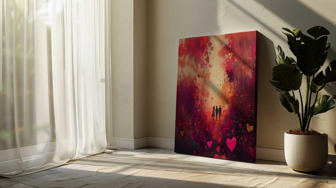 Couple Walking Through Glowing Heart Forest Romantic Wall Poster - Image 3