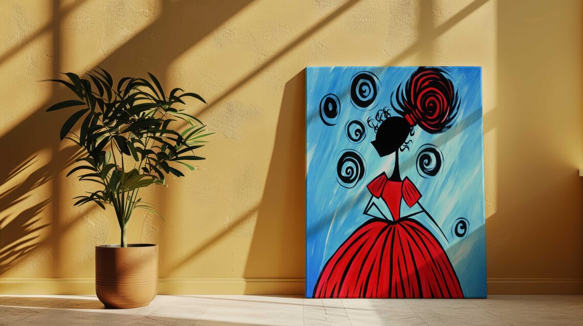 Whimsical Red Dress Girl Spiral Hair Blue Background Naive Art Print - Image 3