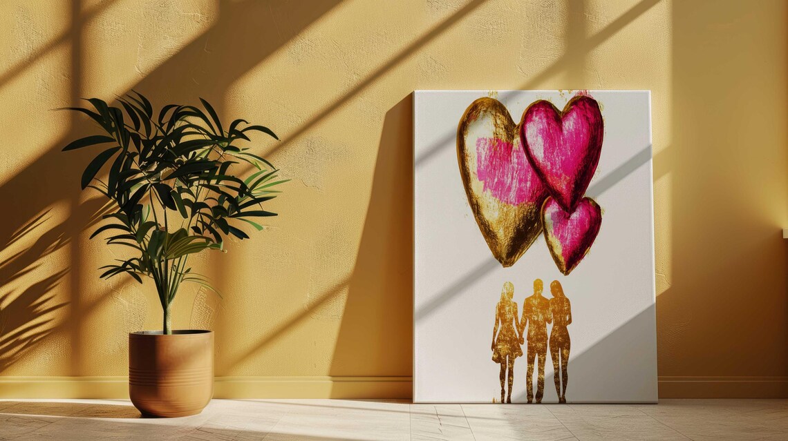 Golden Hearts and Couple Silhouettes Pink Minimalist Wall Poster - Image 3