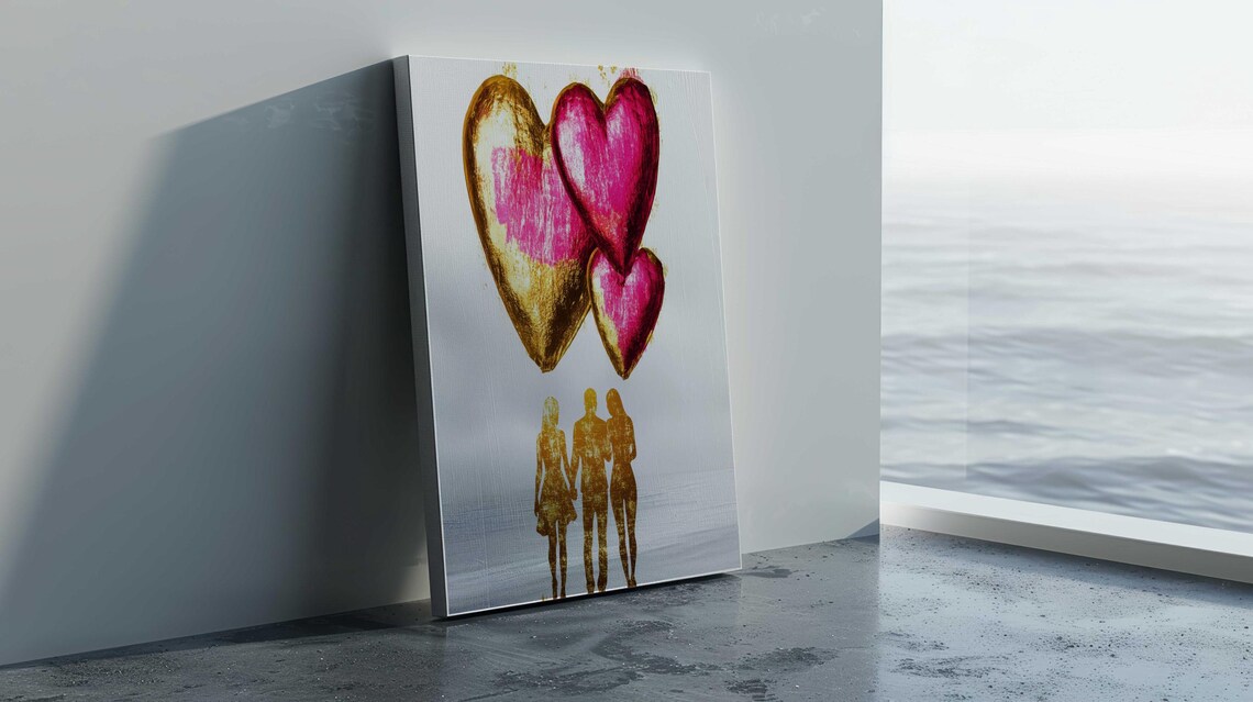 Golden Hearts and Couple Silhouettes Pink Minimalist Wall Poster - Image 2