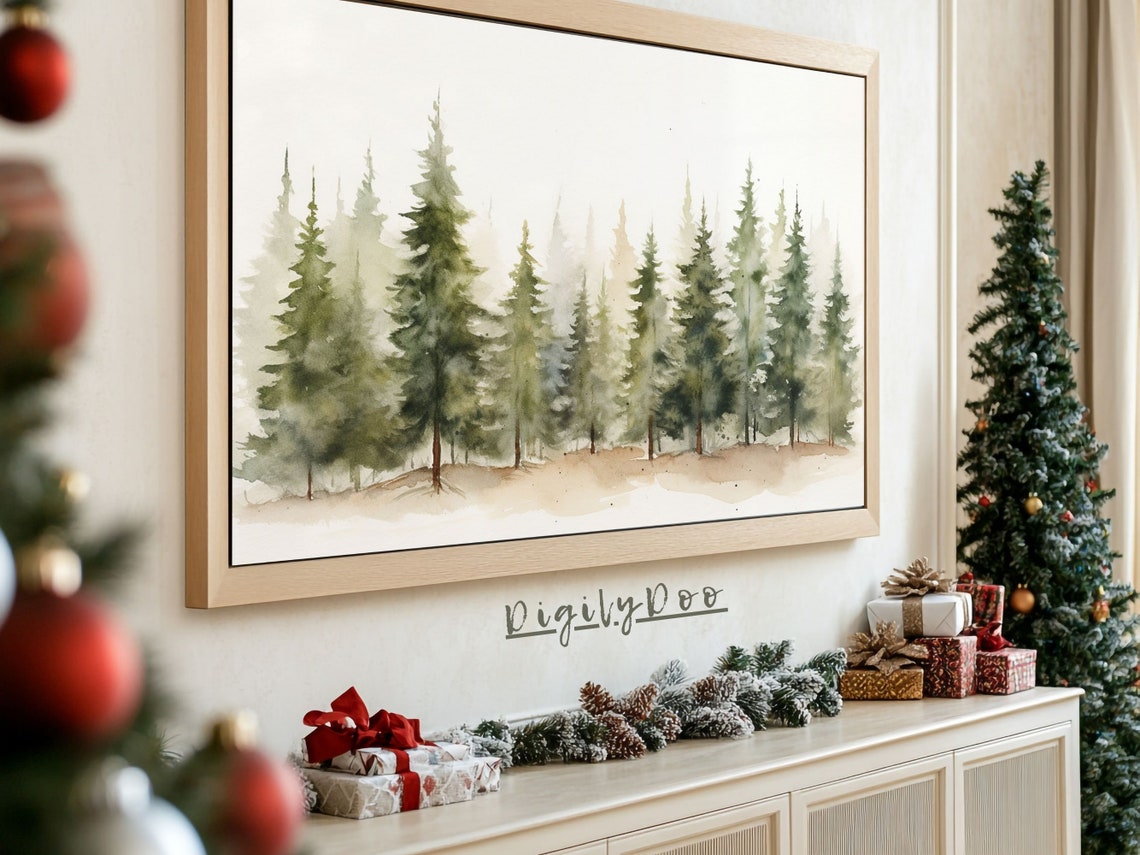 Misty Pine Forest Watercolor Green Pines Foggy Landscape Poster - Image 3
