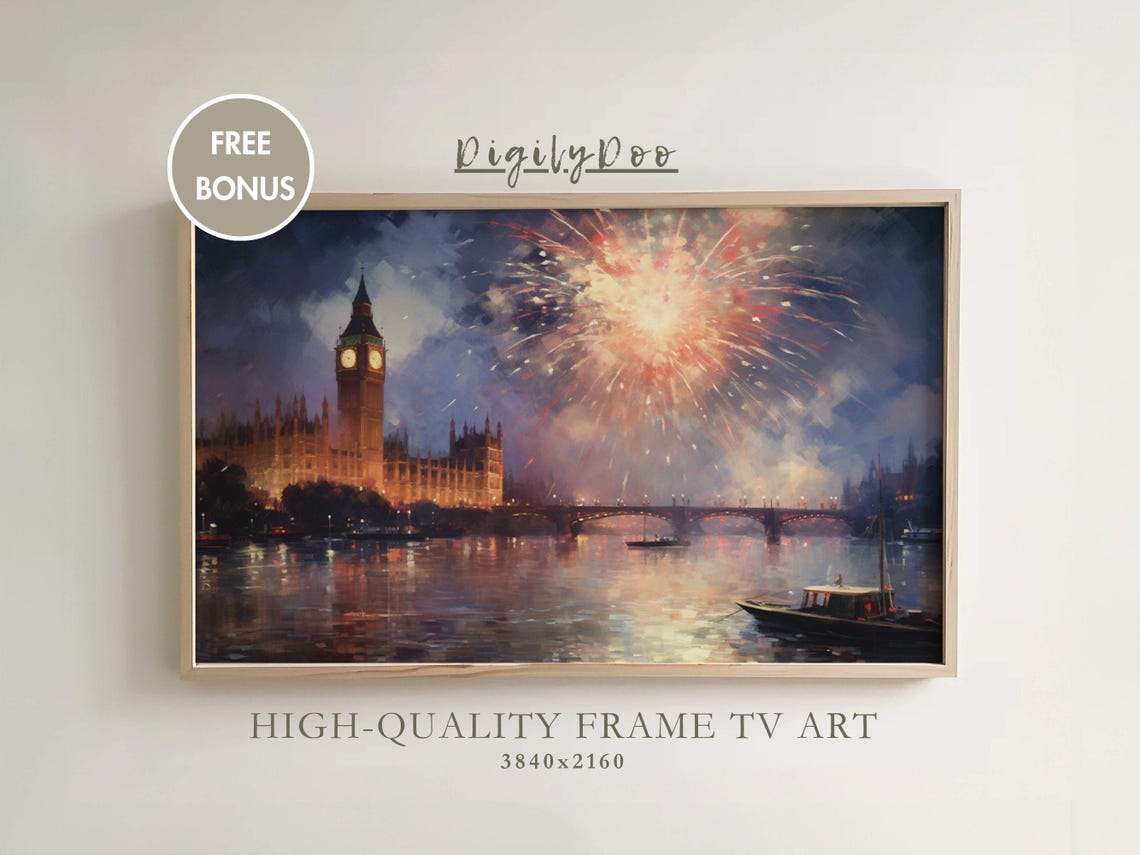 London Big Ben Fireworks Night Skyline Thames Watercolor Poster