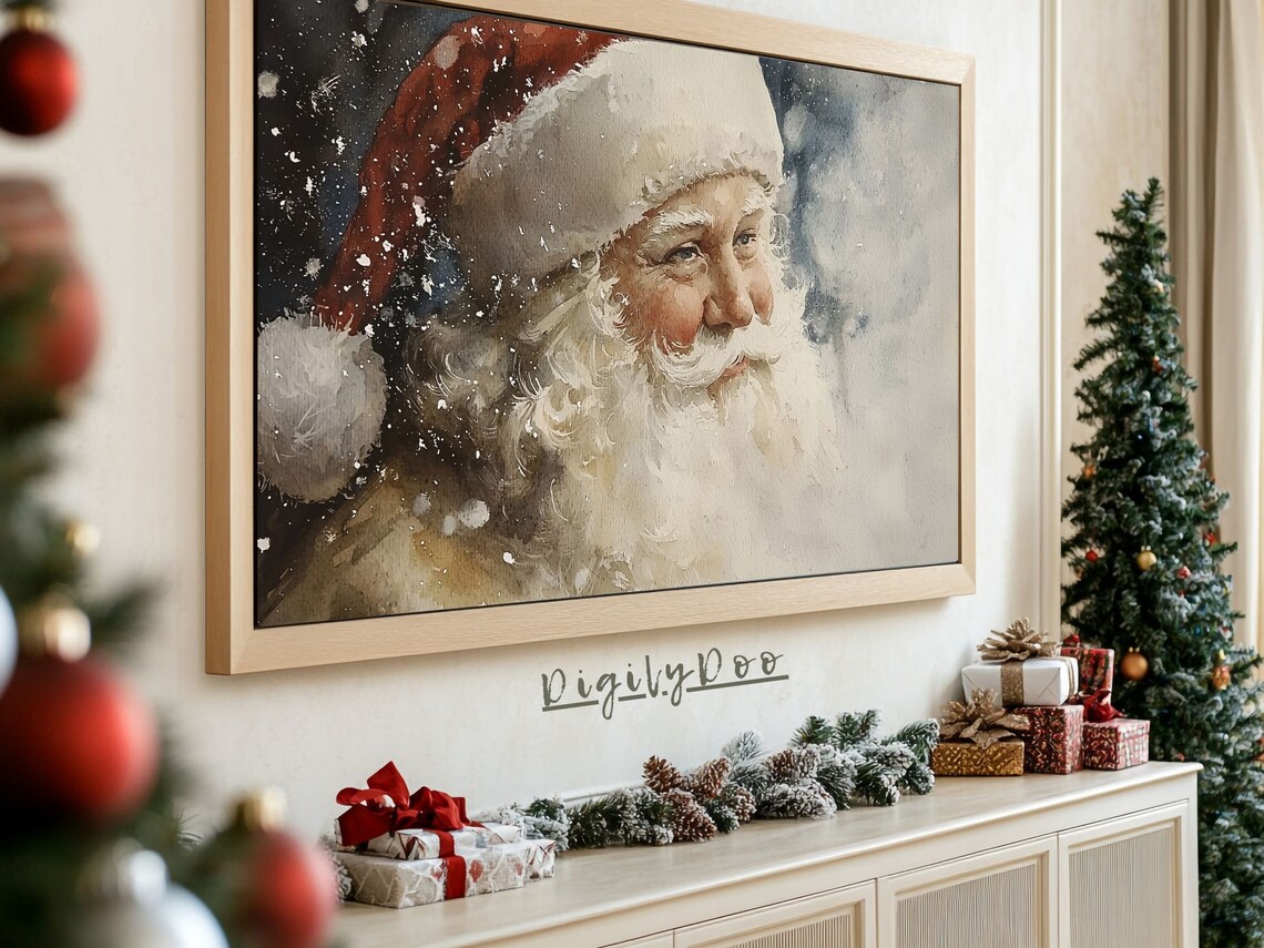 Santa Claus Winter Portrait Watercolor Snowy Night Holiday Poster - Image 3