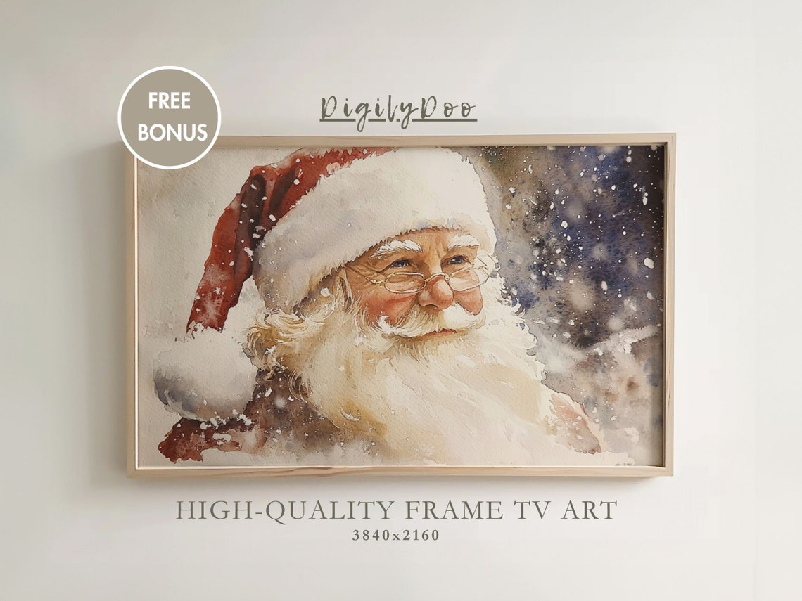 Santa Claus Watercolor Portrait Close Up Snowy Christmas Art Poster