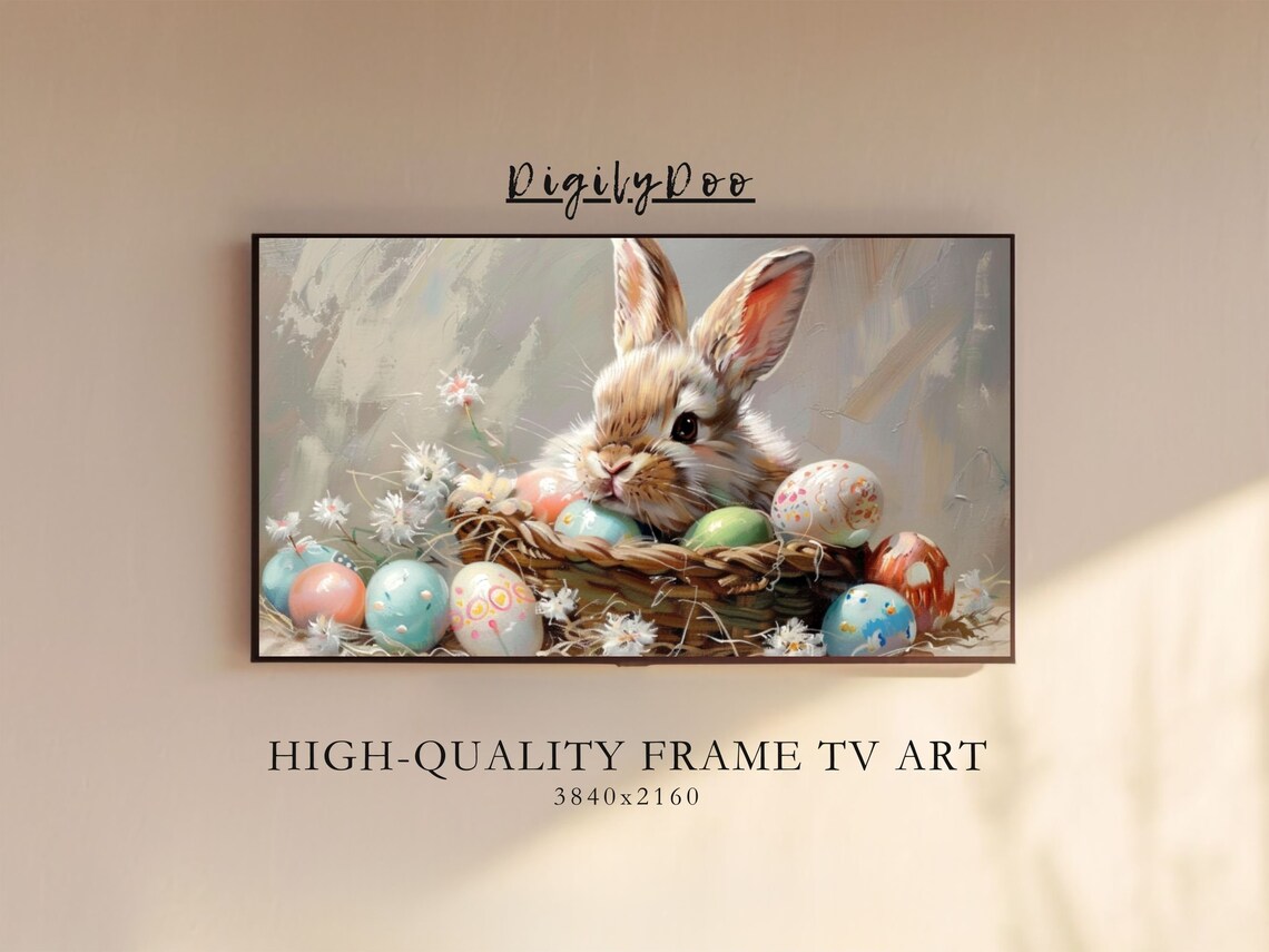 Easter Bunny in Egg Basket, Vintage Farmhouse Art Print